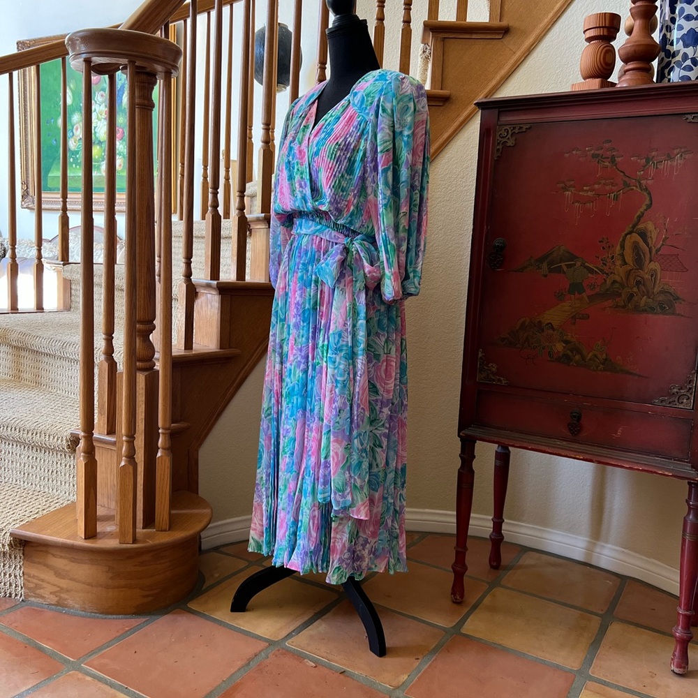 Vintage 80’s Diane Freis Sz 6 Floral Georgette Pink Purple Blue Tea Length Dress - Picture 5 of 10
